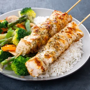 Chicken Skewer with White Rice and Vegetables